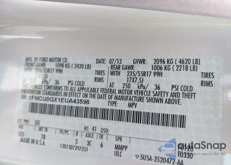 2014 Ford Escape Se из США, поврежденный, VIN 1FMCU0GX1EUA43598